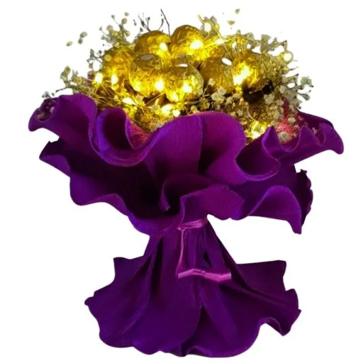 Ramo de flores con bombones rocher y leds violeta